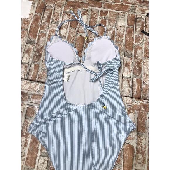 Jessica Simpson Swimsuit SZ MED Tie Back Striped Blue White Ruffle One PC Tummy - Picture 7 of 10